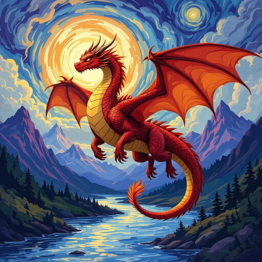 Majestic Dragon Floating Above River in Van Gogh Style