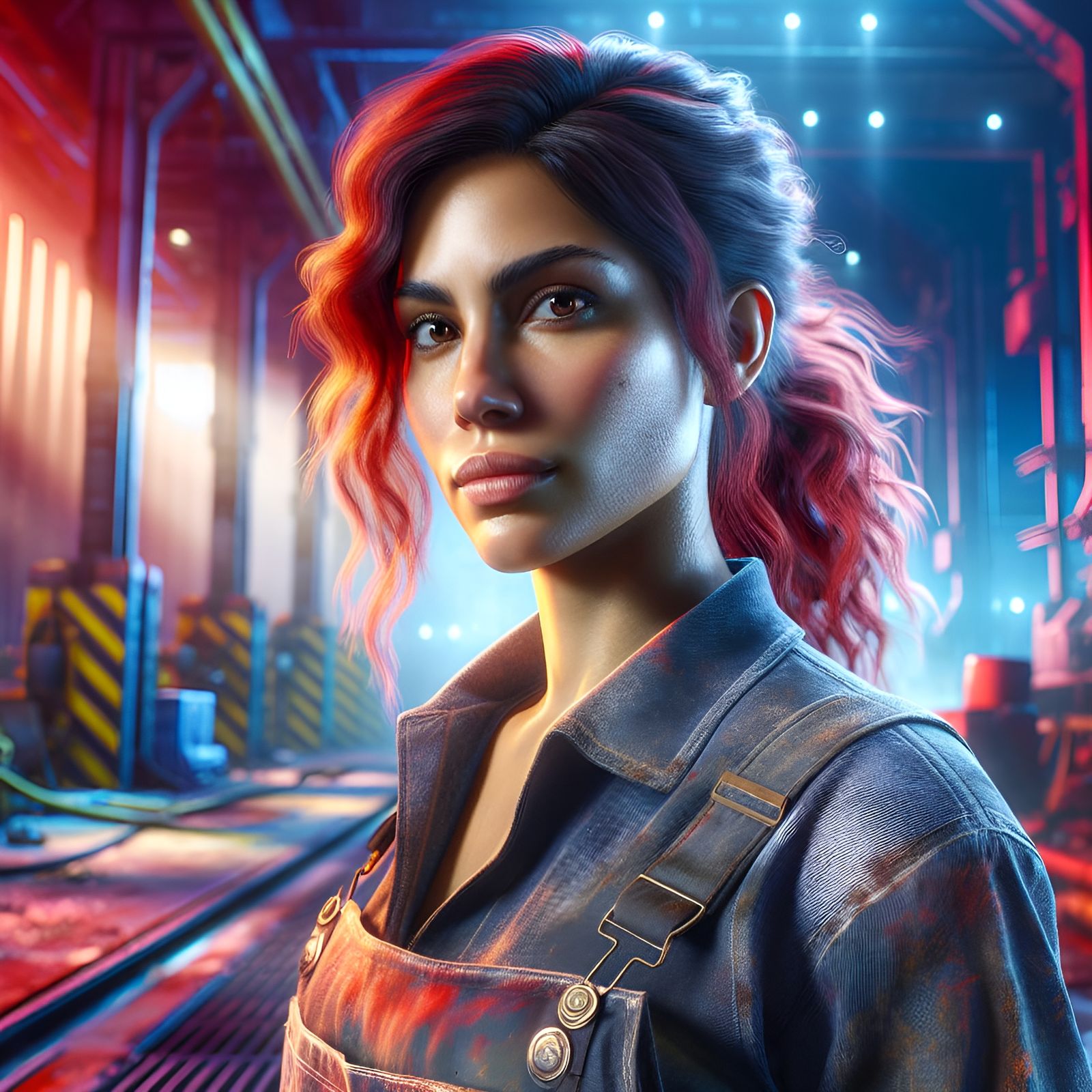 Hispanic Woman in Futuristic Shipyard: Hyperrealistic Concep...