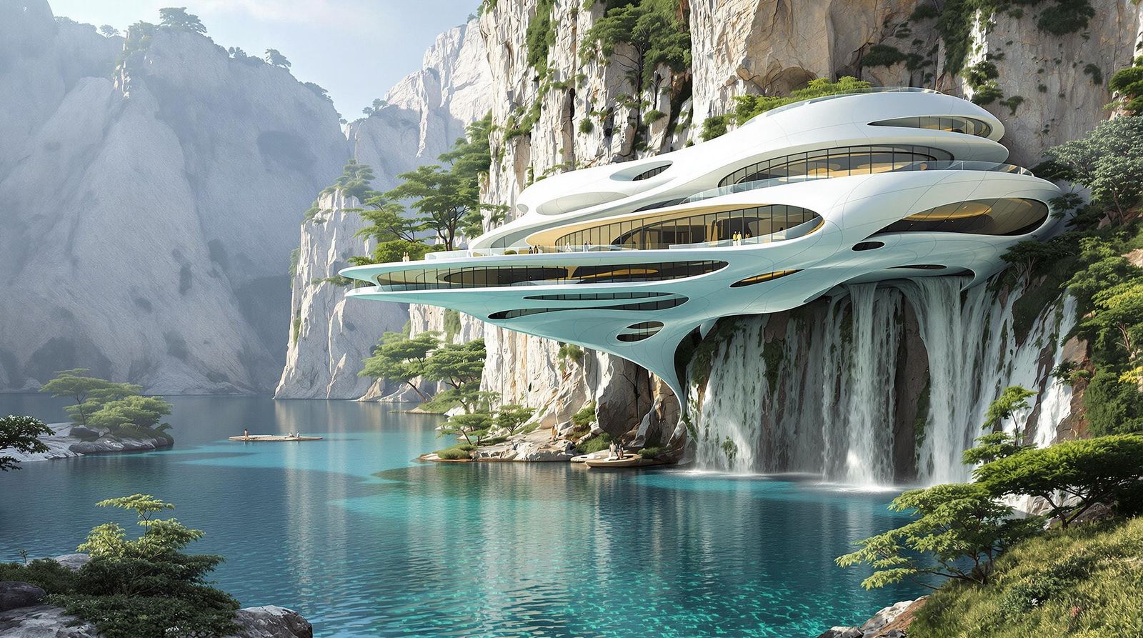 Surreal Cliffside Mansion Reflecting in Tranquil Waters