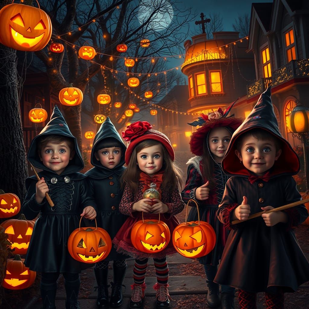 Halloween Night Scene with Children in Fantasy Art Style