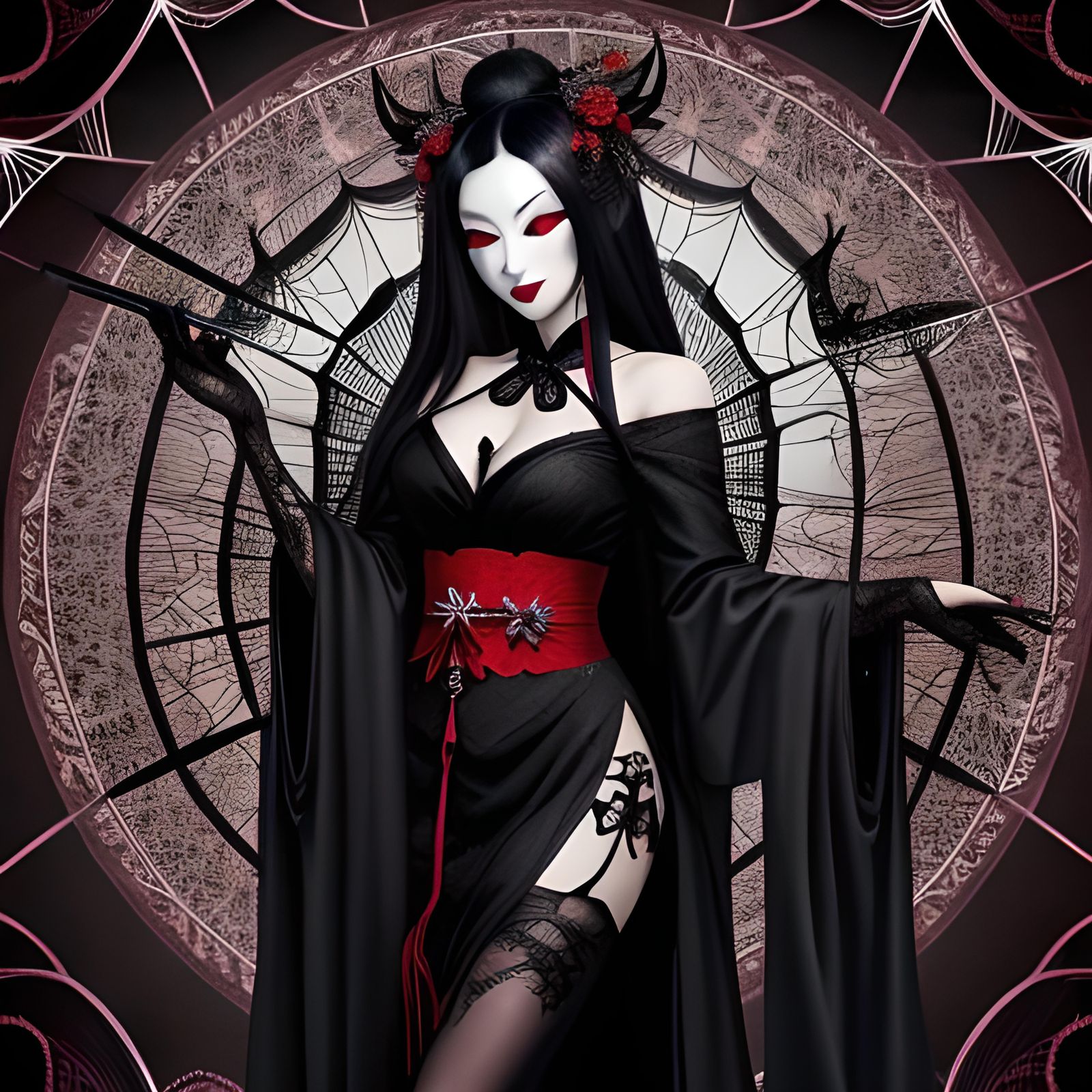 Evil Goth Geisha Fairy with Spider Web Gown