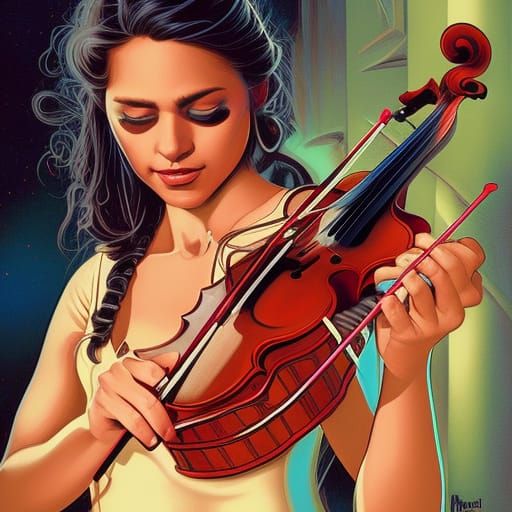 Mexican Girl with Violin in Comic Book Style