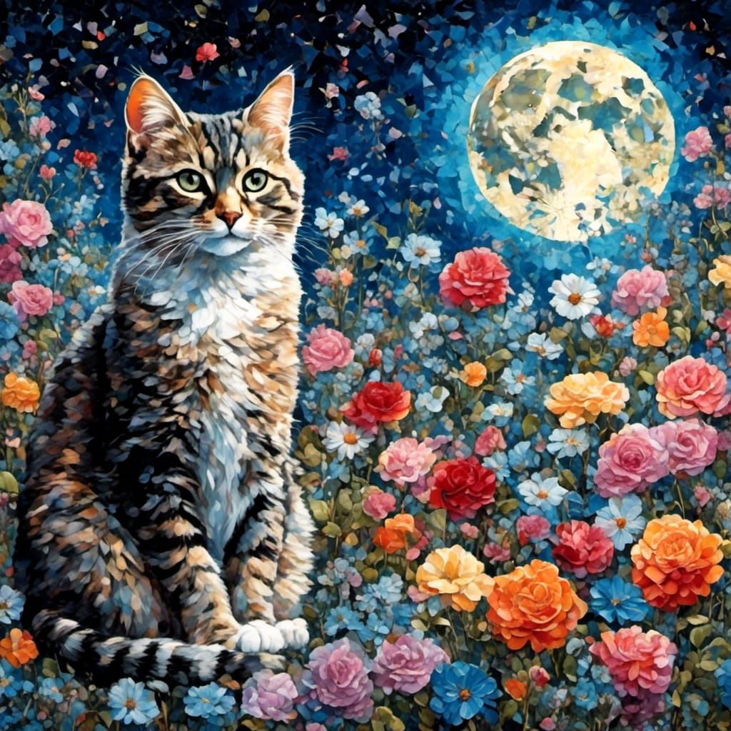 Naive Art: Tabby Cat in Midnight Garden
