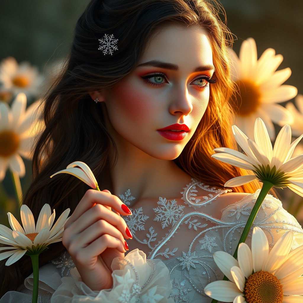 Snowflake Woman Emerges from Daisy, Art Nouveau Style