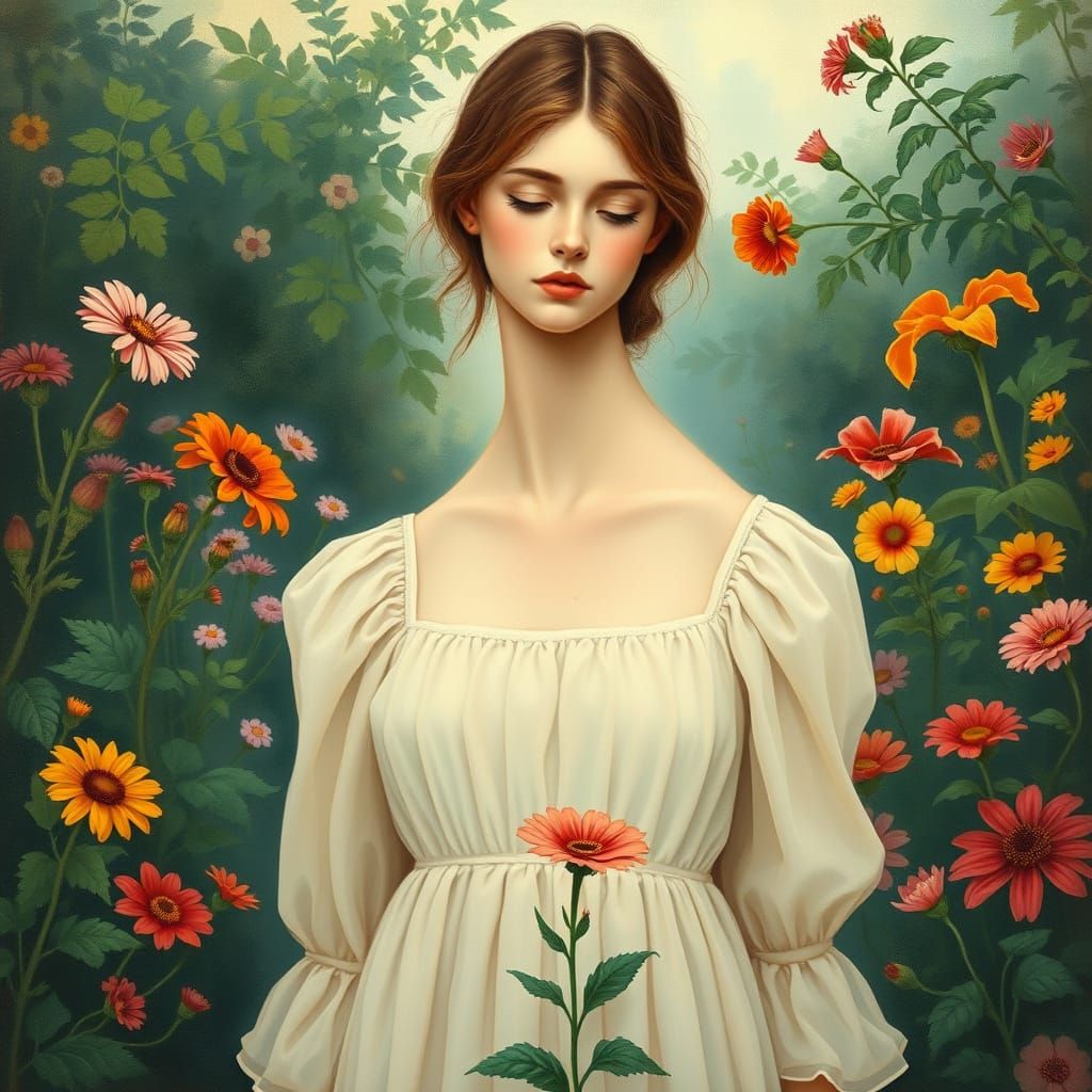 Woman in Garden, Art Nouveau Style