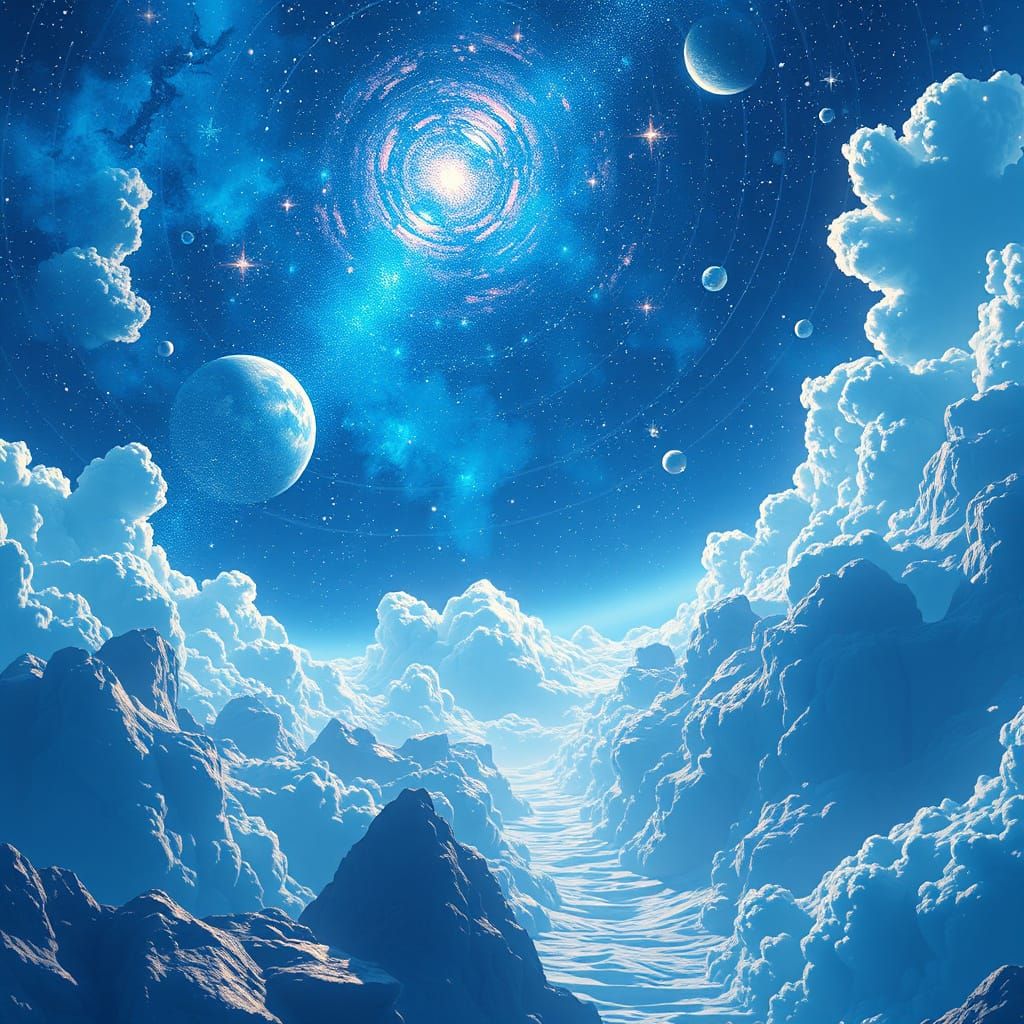 Vibrant Blue Celestial Scene in 3D Anime Style