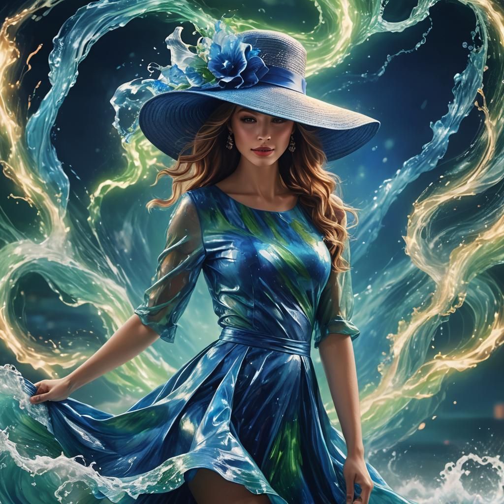 Graceful Woman Integrated with Electric Blue Waves
