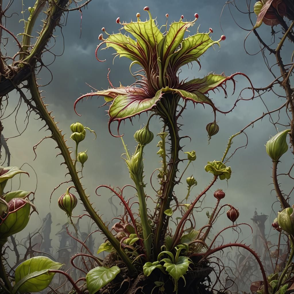 Giant Carnivorous Plant with Traveler, Acrylic Painting