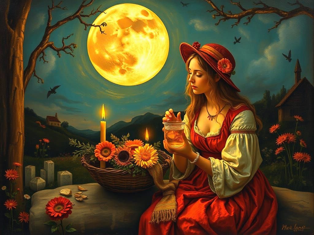 Moonlit Midsummer Offering by Gorgeous Women in Folk Art Sty...