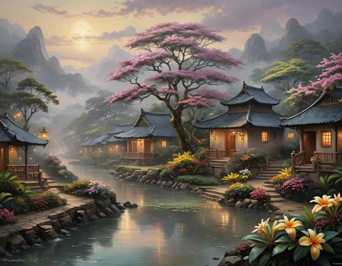Frangipani in Asian Village: Ethereal Fantasy Art