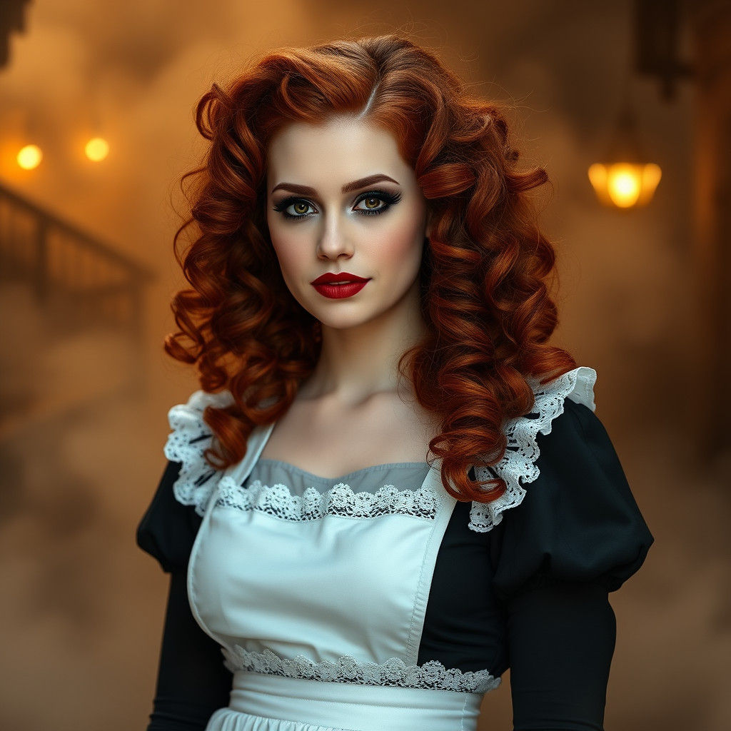 Ethereal Maid with Red Hair in Dreamy Setting