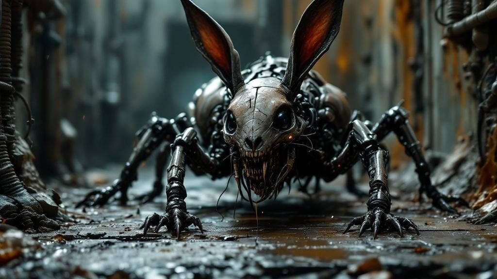 Grotesque Biomechanical Rabbit in Dark Industrial Style