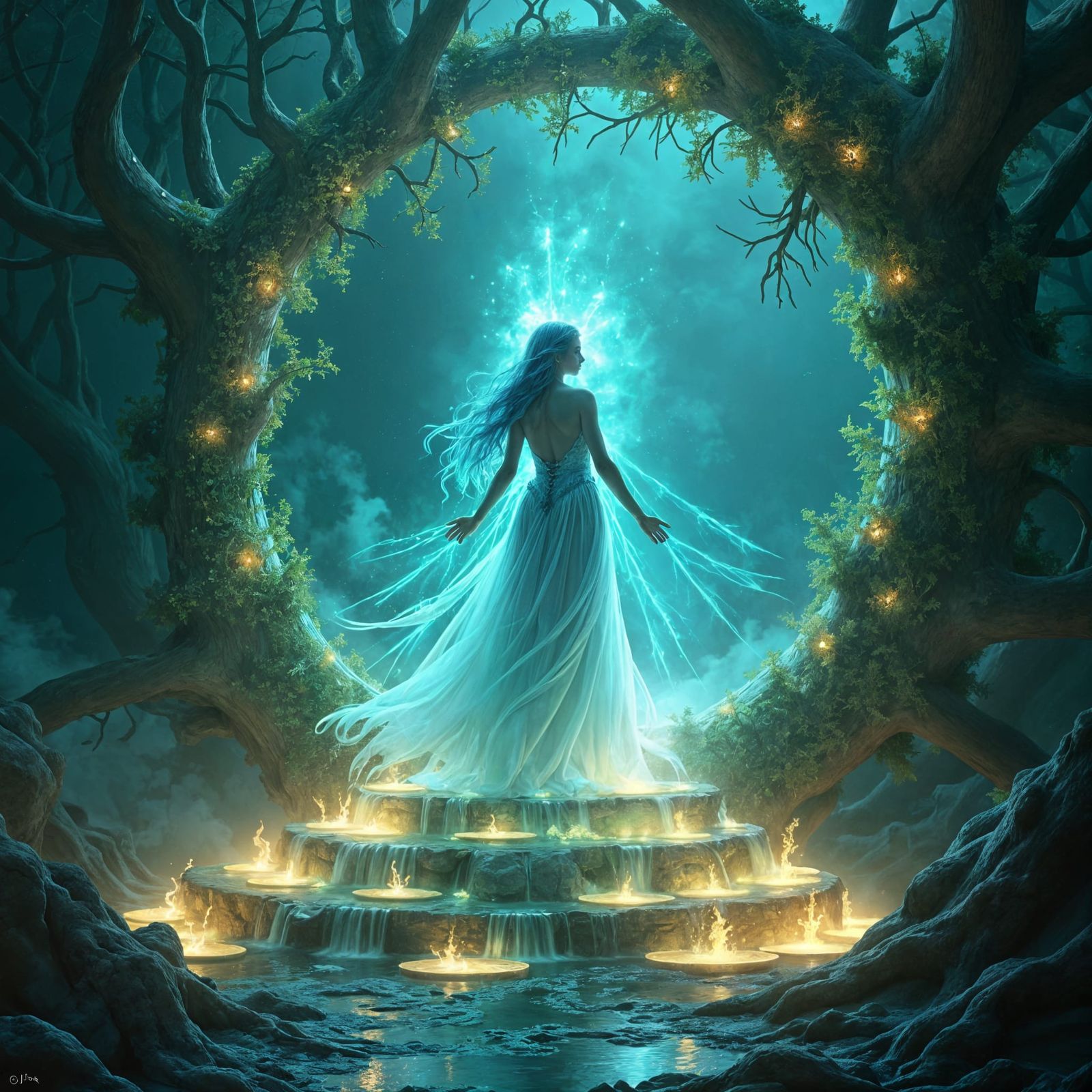 Celestial Goddess with Spiraling Portal and Source Tree