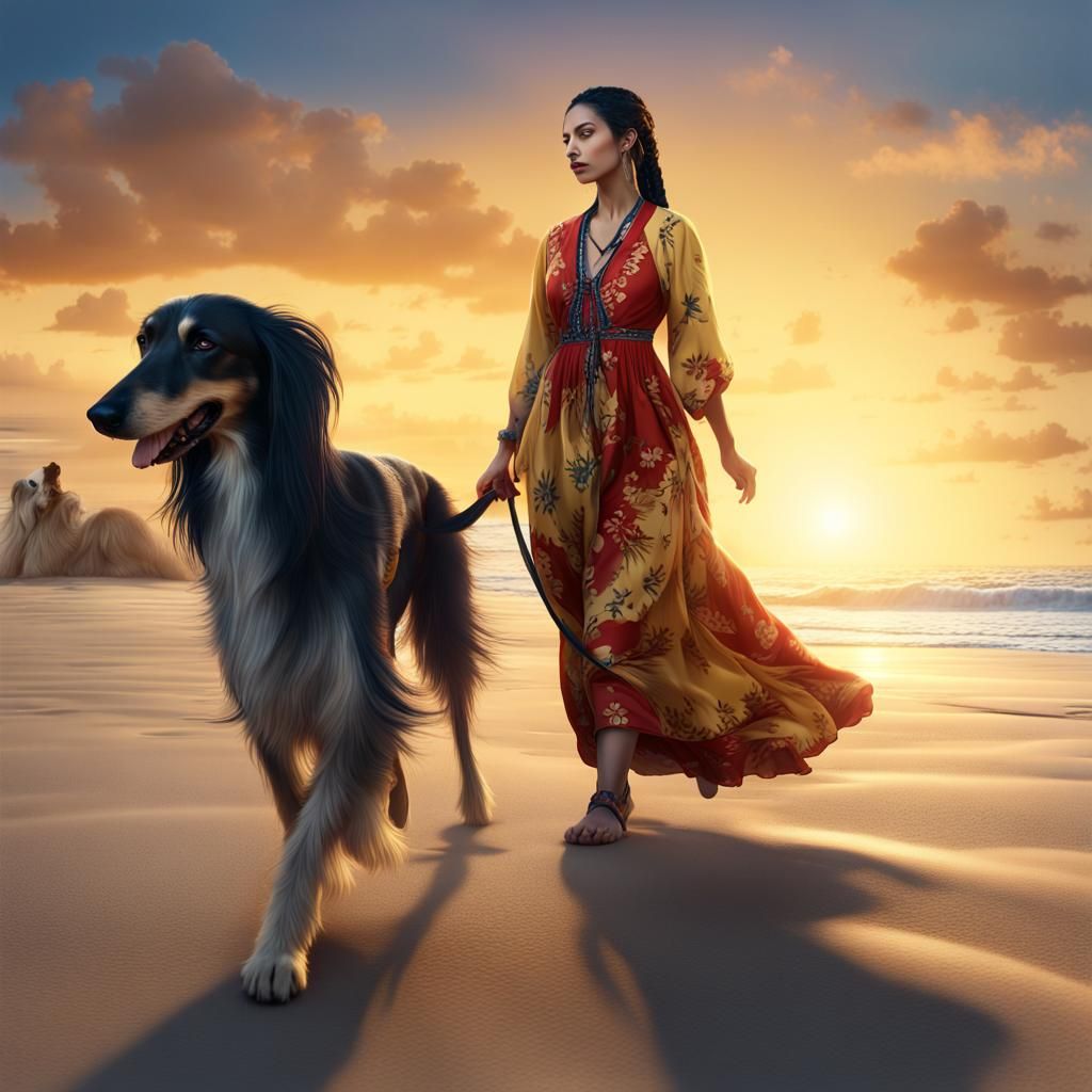 Arabic Woman with Saluki on Beach, Detailed Matte Painting