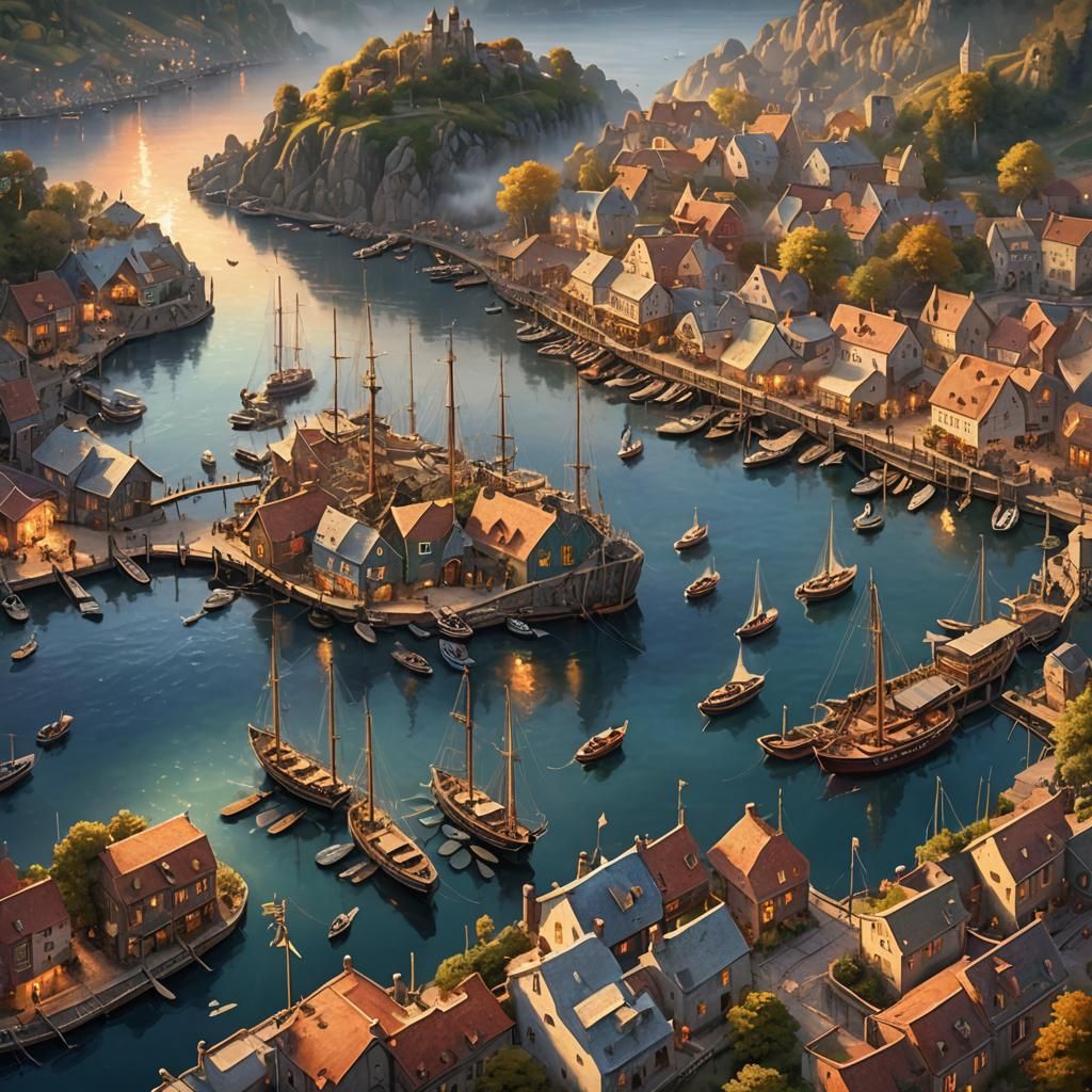 Aerial View of Ethereal Fantasy Harbor at Sunset
