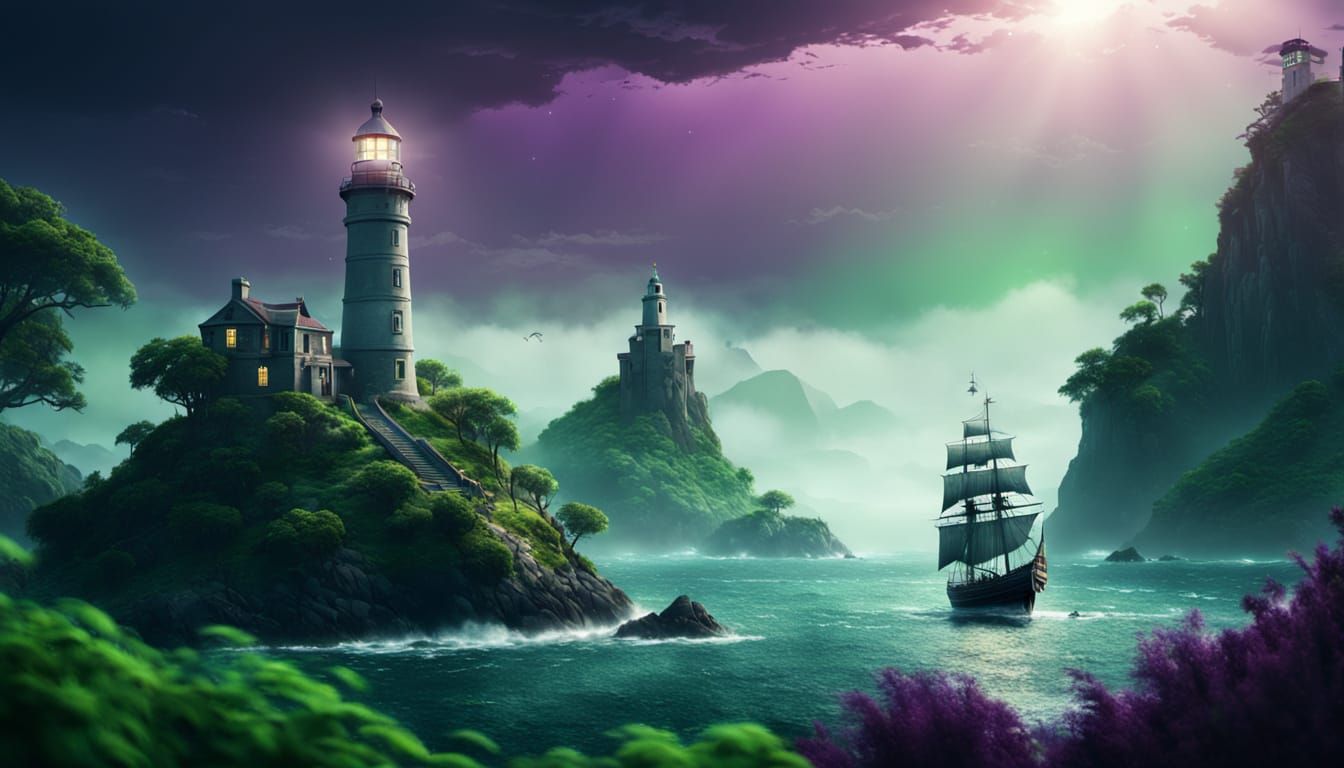 Fantasy Sailing Ship and Lighthouse in Purple Hues