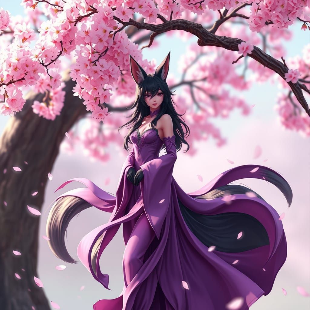 Kitsune in Purple Dress Under Cherry Blossoms