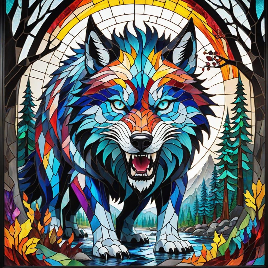 Rainbow Kaiju Wolf Towers Over Stained Glass Forest