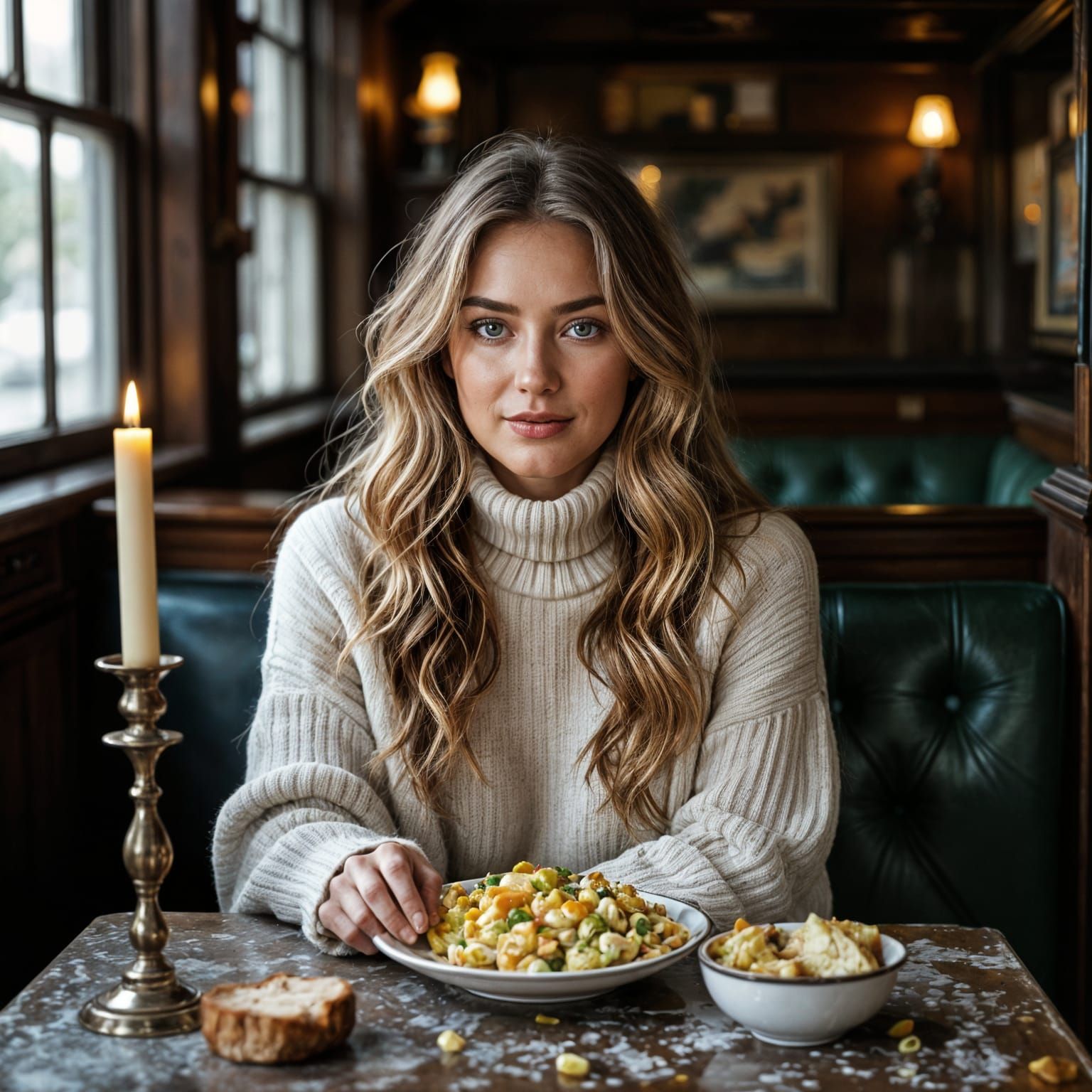Cozy Pub Scene of Woman with Blue Eyes