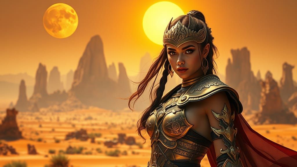 Desert Goddess in Golden Armor Under Alien Suns