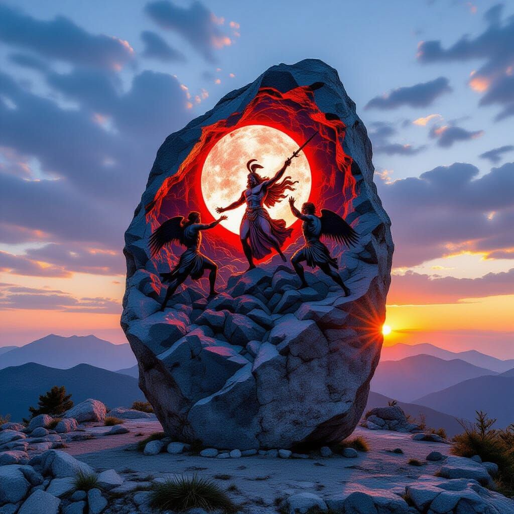 Zeus Defeating Titans Etching on Mount Olympus