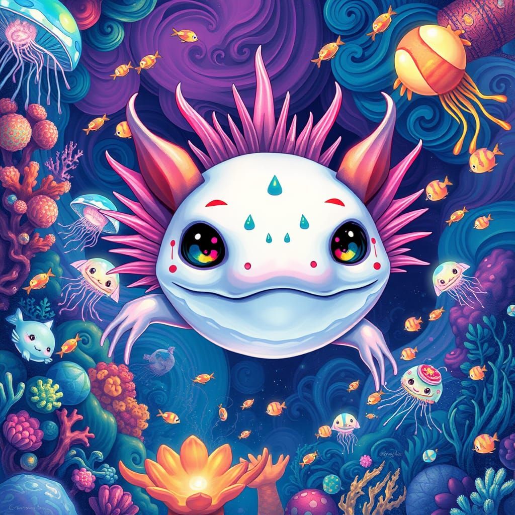 Surreal Axolotl Exploring Vibrant Underwater World
