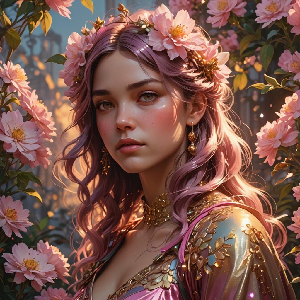 Golden Hour Pink Flowers: Hyperdetailed Art Nouveau Portrait