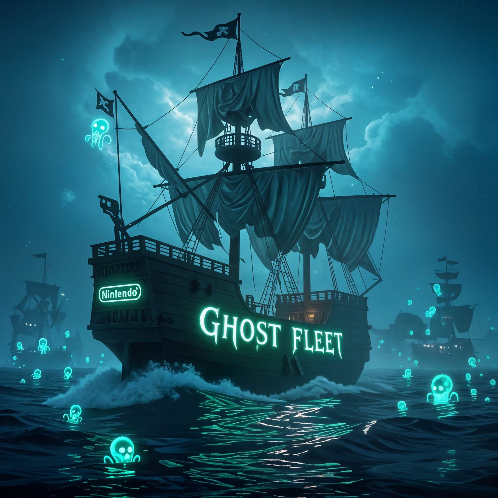 Bioluminescent Ghost Pirate Ship on Stormy Seas