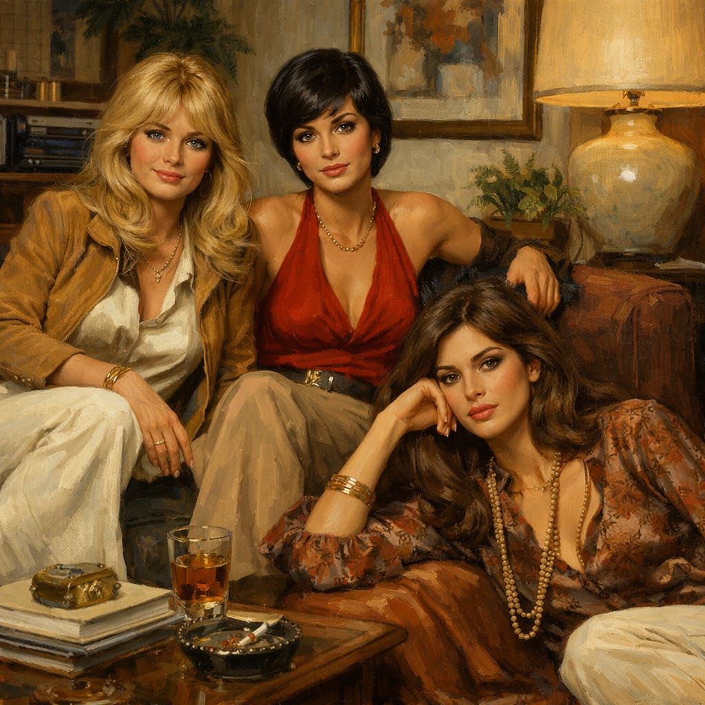 1970s Fashionable Women Lounging in Living Room Oil Painting