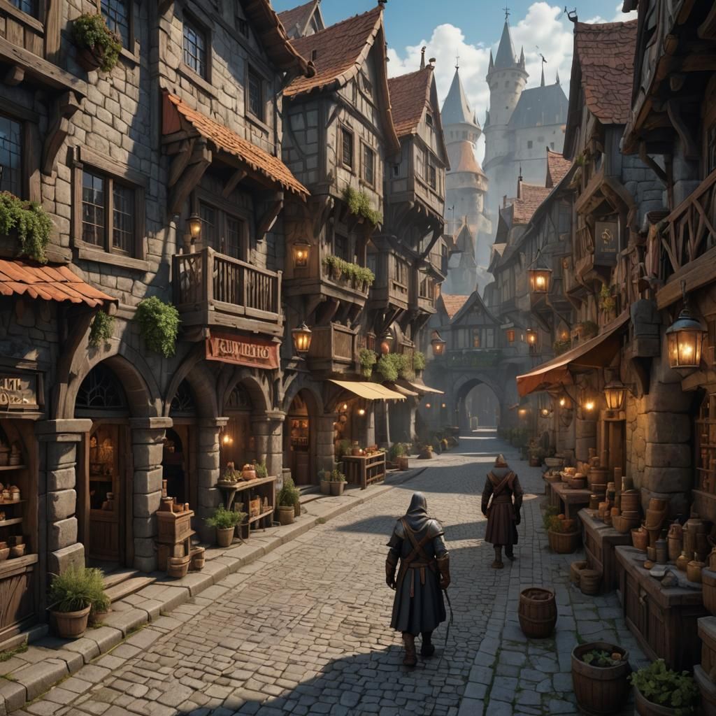 Slavic Medieval Fantasy City Street With Crafting Guilds