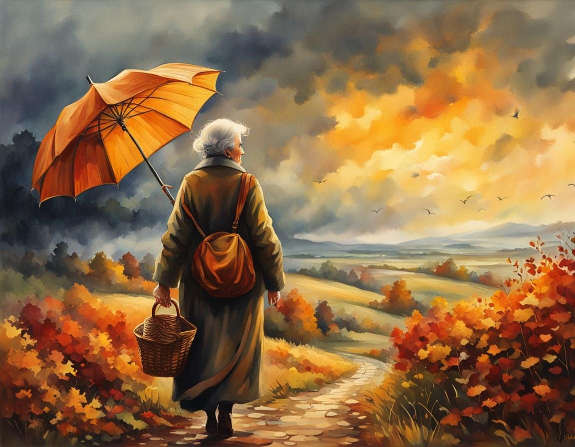 Autumn Landscape with Woman in Watercolor Style