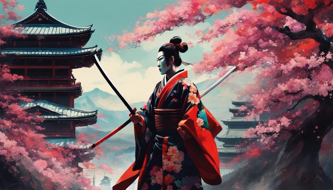 Kabuki Samurai vs Geisha in Cherry Blossoms