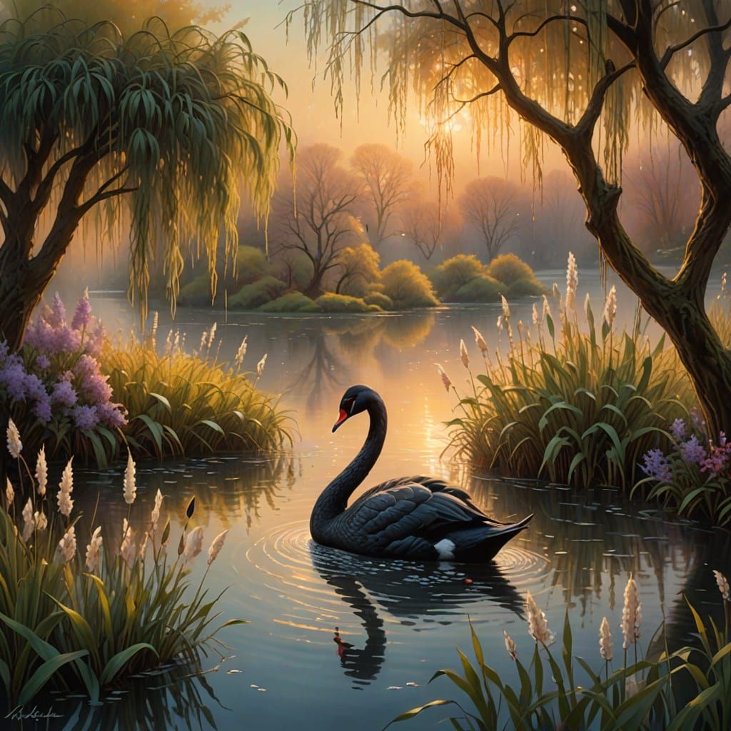 Ethereal Fantasy Landscape with Black Swan in Golden Hour