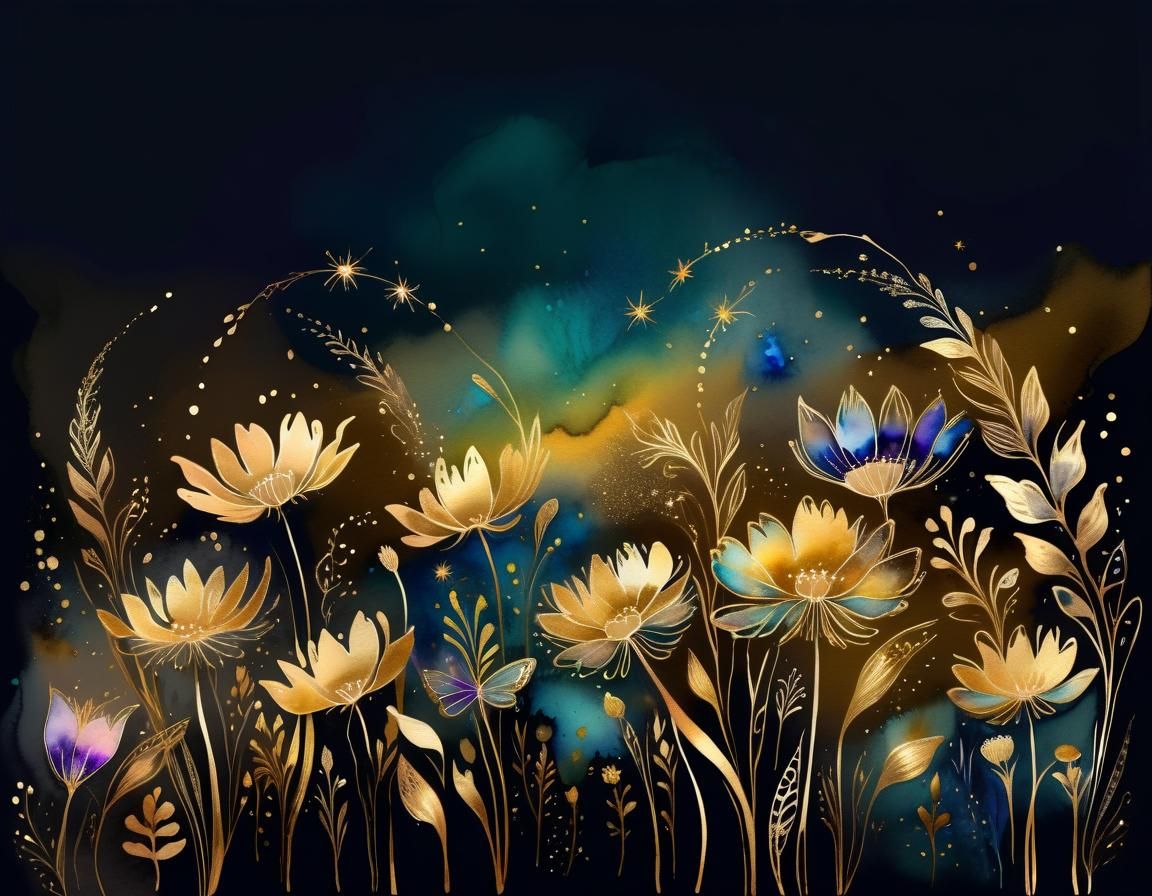 Watercolor Fairies and Wildflowers in Gold