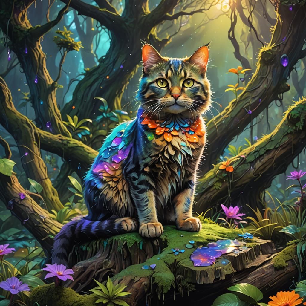 Fantasy Cat in Iridescent Jungle, Detailed Concept Art