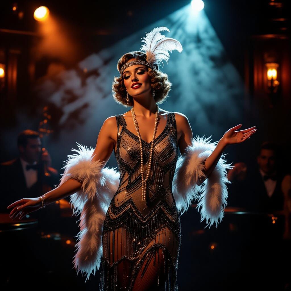 Vintage Showgirl in Smoky Jazz Club, Photorealistic Style