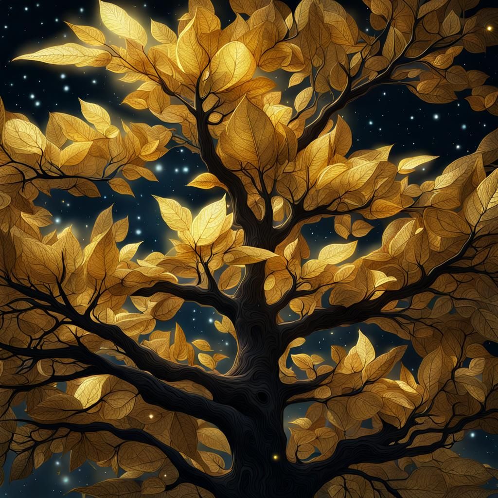 Mystical Golden Leaf Tree at Moonlit Night