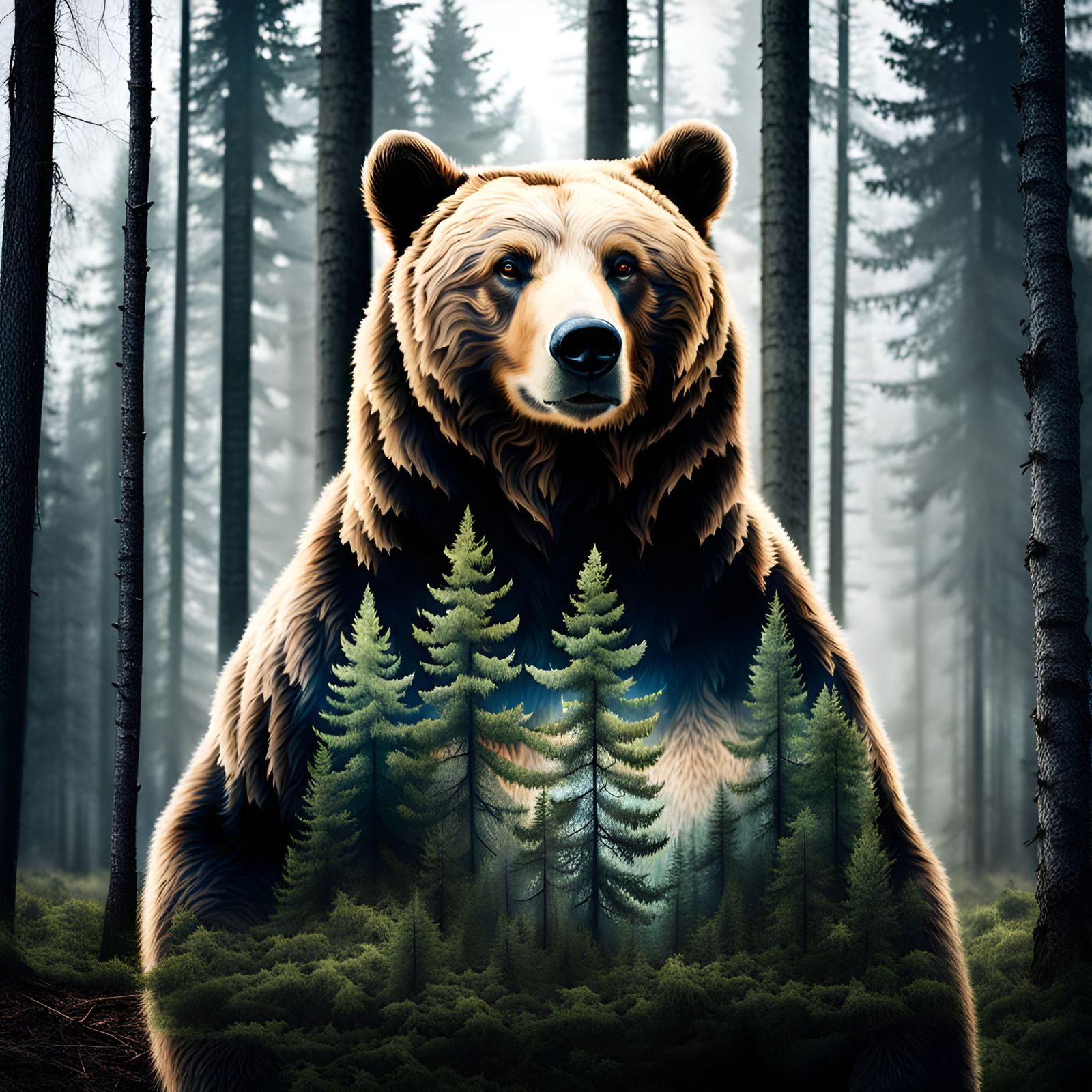 Double Exposure Bear in the Woods