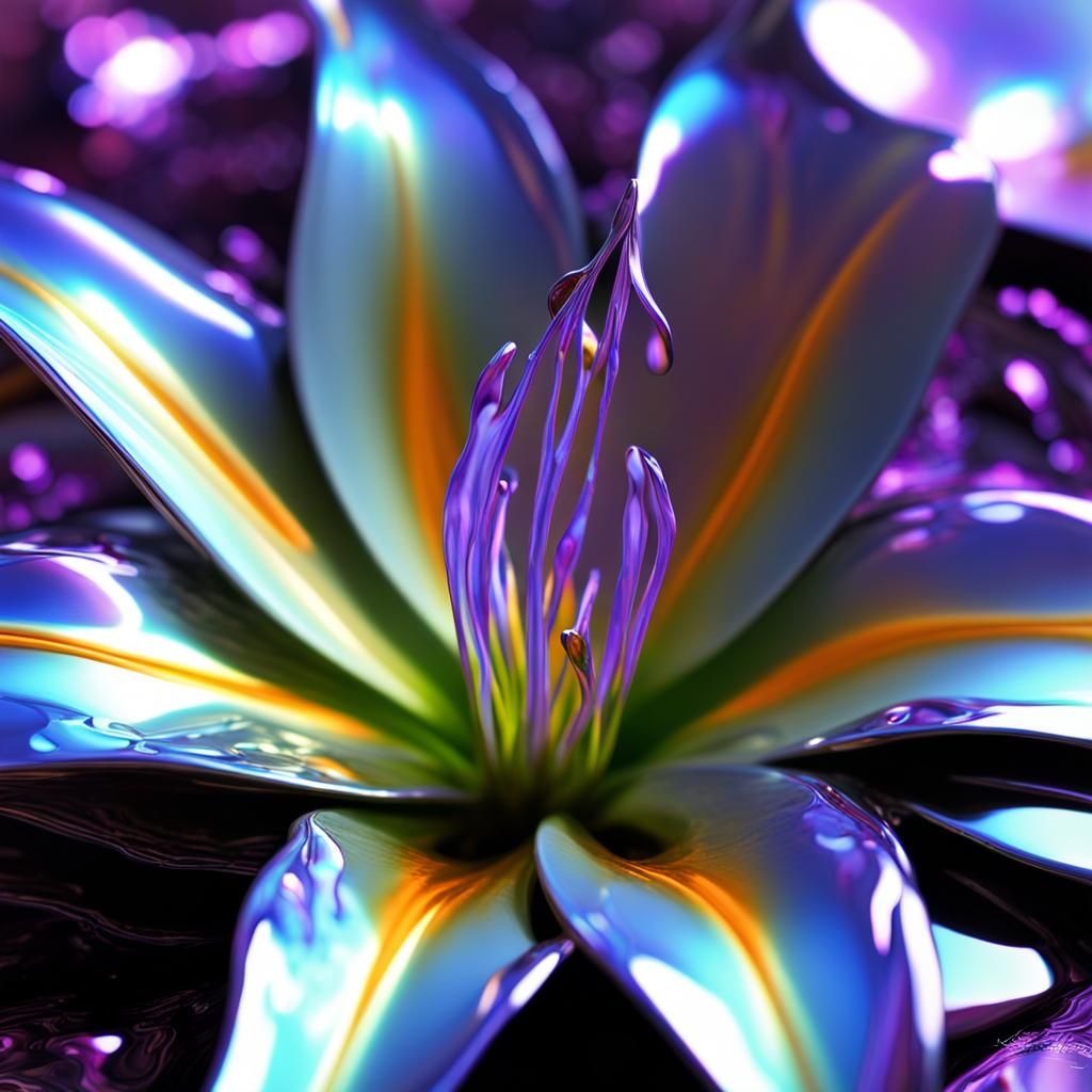 Liquid Mercury Lily with Iridescent Cracks: CGI Art
