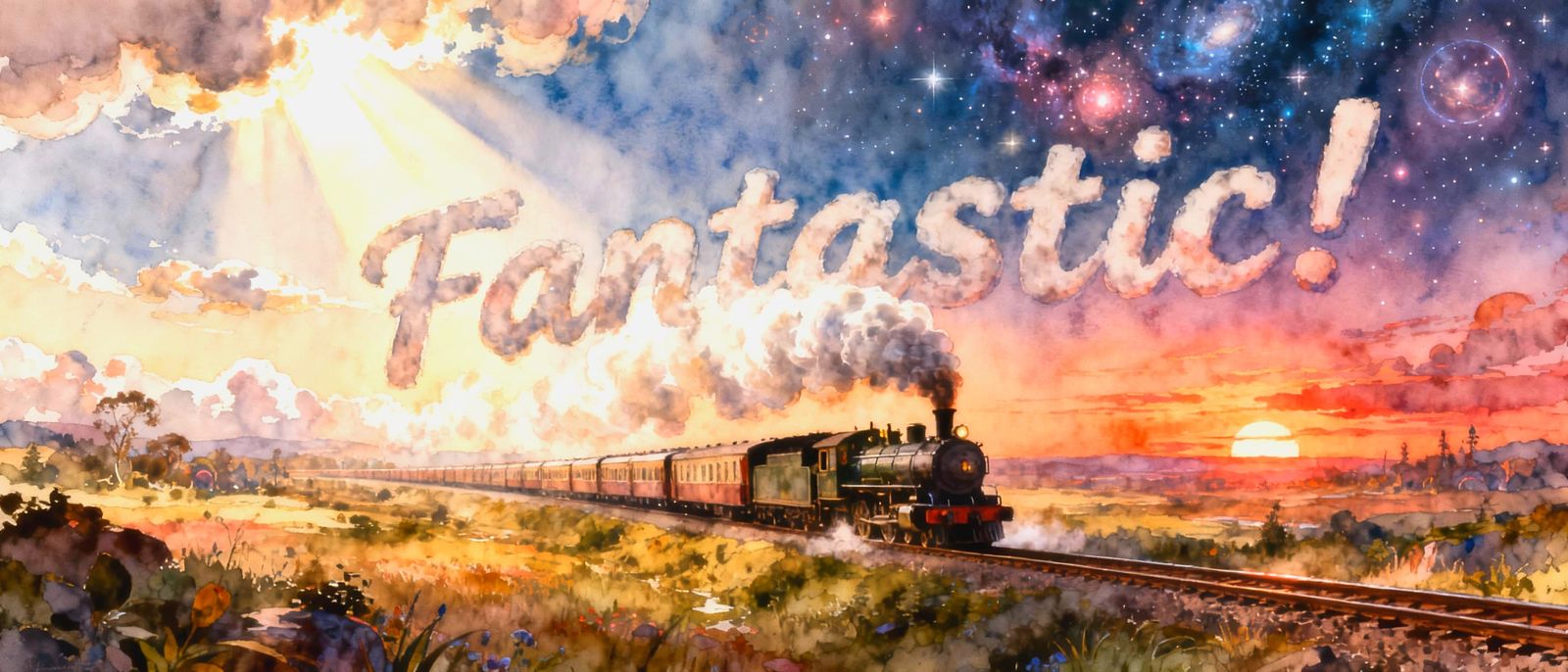 Steam Train Spelling 'Fantastic!' in a Cosmic Fantasy Landsc...
