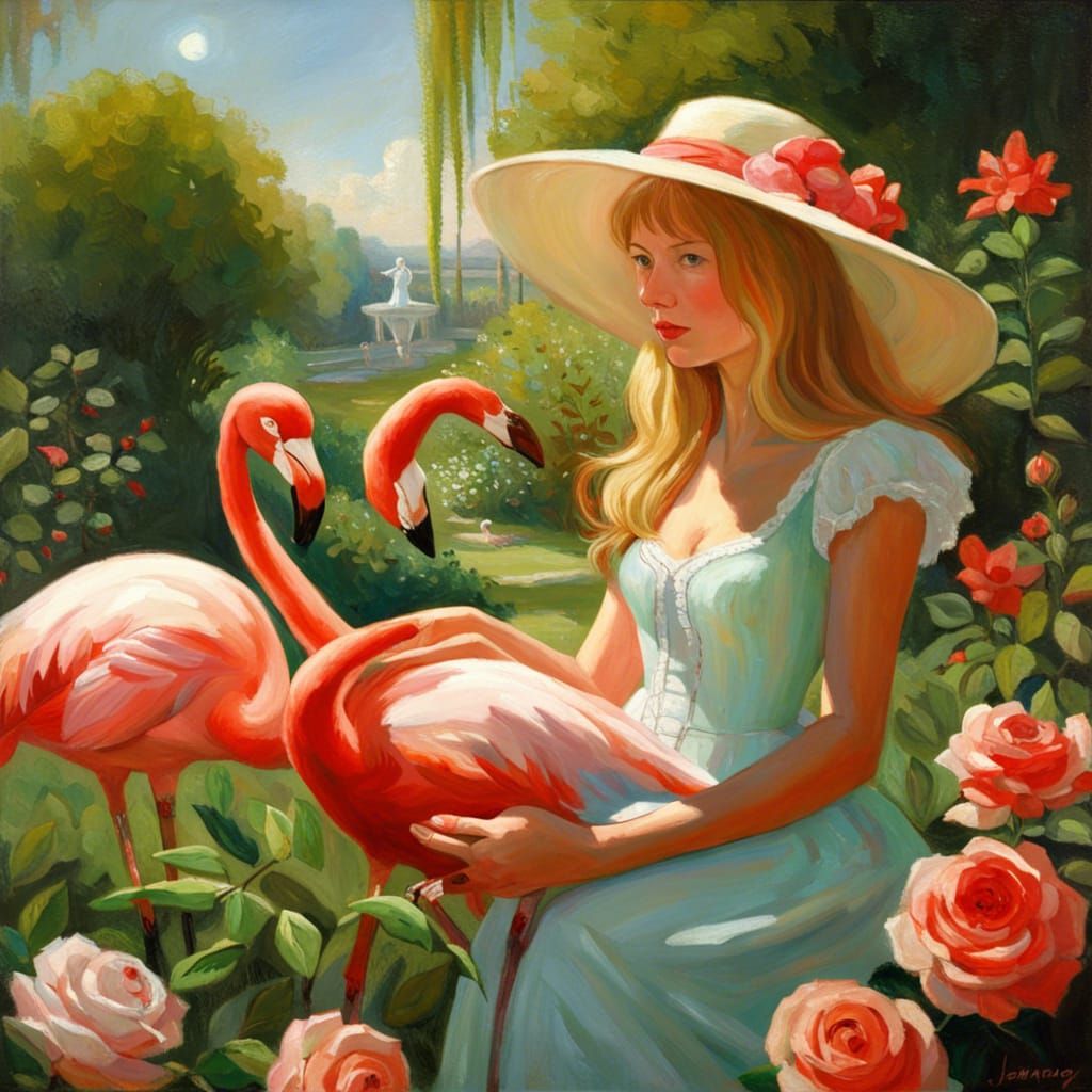 Alice in Rose Garden with Flamingo, Oil Painting