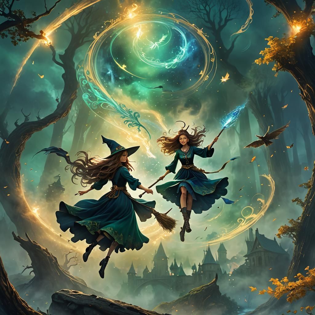 Kind Witch Flies on Broomstick in Art Nouveau Style