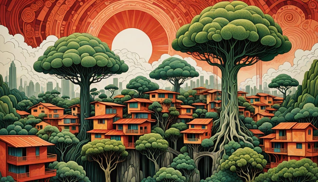 Surreal Dreamscape Architecture with Old Tree in Ink Paintin...