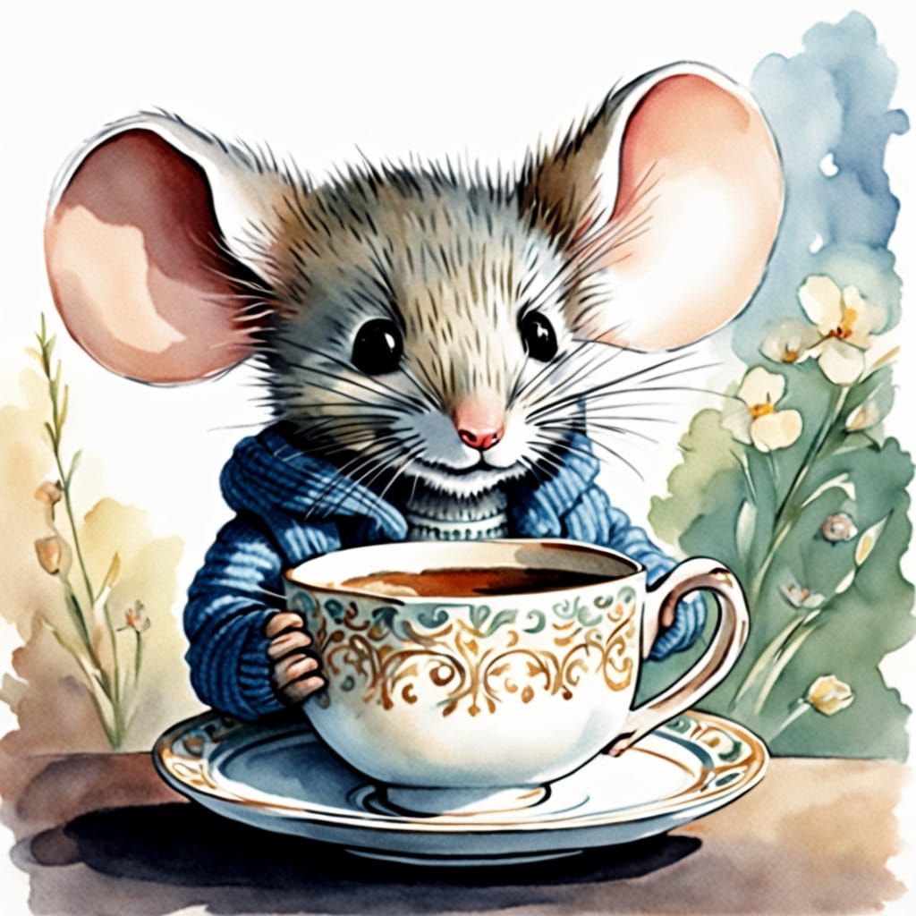 Mouse in Bonnet Hiding Behind Teacup: Watercolor Illustratio...