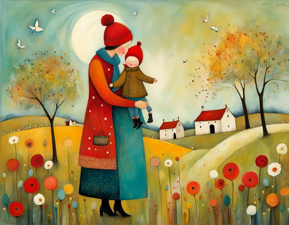 Loving Mother and Child Whimsical Illustration