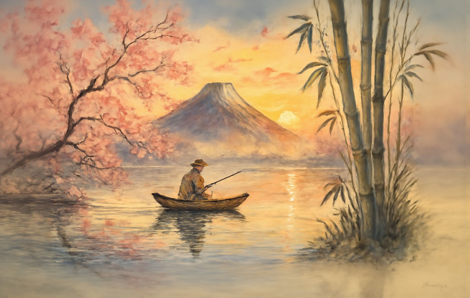 Misty Mountain Lake Fishing Scene at Sunset