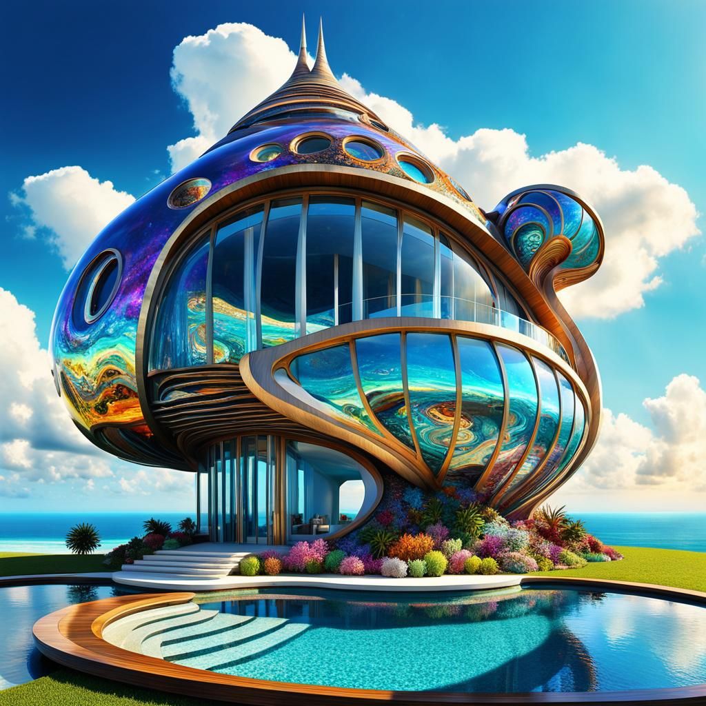 Futuristic Snail House in Middle-Earth as Psychedelic Art