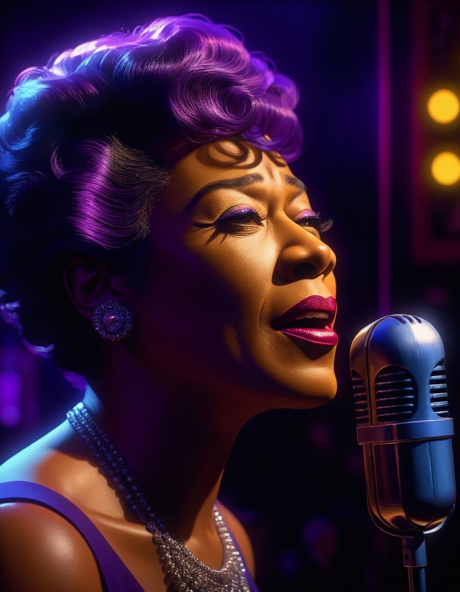 Ella Fitzgerald in Smoky Jazz Bar, 1950s Oil Painting