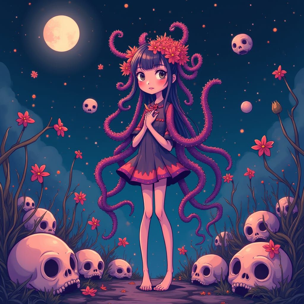 Surreal Girl with Tentacles and Flowers in Manga Style