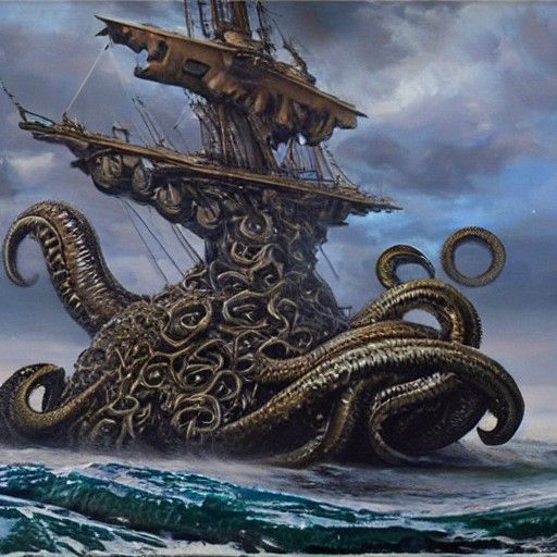 Kraken Attacks Pirate Ship in Oil Painting Style